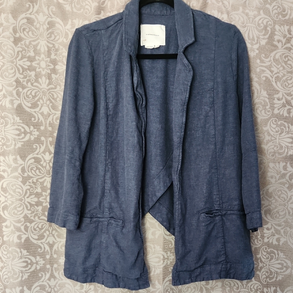 Anthropologie Blue Linen Blazer Lightweight Draped Front Size 6